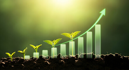 Sustainable Business Growth Concept: Seedling Evolution to Thriving Plants with Upward Graph Showing Financial, Environmental Progress, Success, and Market Expansion.