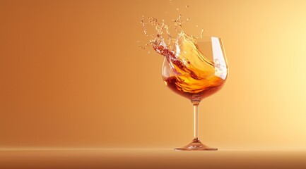 Elegant splash of amber liquid in wine glass against minimal orange background – beverage concept for luxury branding, advertising or editorial