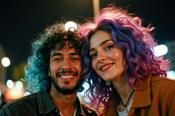 Obraz premium Man and woman with colorful hair smiling at camera, surrounded by a blurred background of lights.