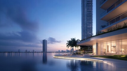 Luxury real estate presentation scene with modern high-rise building, clean negative space on one side and premium lighting, ideal for corporate branding