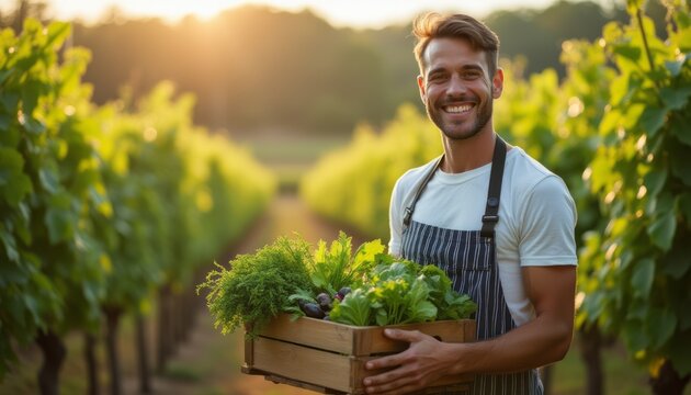 Smiling farmer holding a crate of fresh vegetables in a vineyard - Powered by Adobe