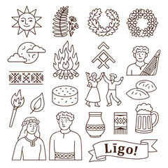 Ligo Festival Line Art Icons – Latvian Midsummer Symbols. Line art icon set featuring traditional Latvian Ligo celebration elements: sun, fire, cheese, kokle, floral wreaths, folklor symbols