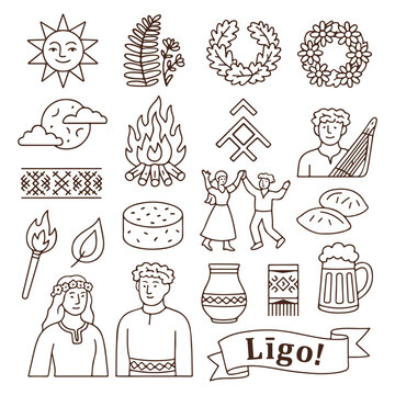 Ligo Festival Line Art Icons &ndash; Latvian Midsummer Symbols. Line art icon set featuring traditional Latvian Ligo celebration elements: sun, fire, cheese, kokle, floral wreaths, folklor symbols