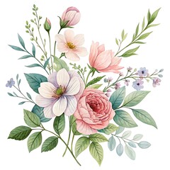 Watercolor Flowers and Leaves for Greeting or Invitation Cards White background