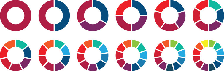 Pie chart color icons. Circle section graph. 1,2,3,4,5,6,7,8,9,10,11,12 segment infographic. Different color circles isolated. Segment slice sign. Infographic element round shape. Vector illustration