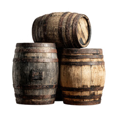 Stacked, aged, wood barrels isolated on transparent background