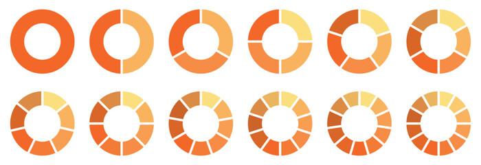 Pie chart color icons. Segment slice sign. 1,2,3,4,5,6,7,8,9,10,11,12 segment infographic. Different color circles isolated. Infographic element round shape. Circle section graph. Vector illustration