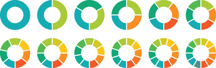 Pie chart set. Different color circles. donut and pie chart infographic elements. Colorful diagram graphs. Circle section graph. Pie chart divided 1, 2, 3, 4, 5, 6, 7, 8, 9, 10, 11, 12 equal parts