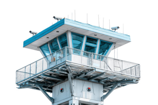 Modern blue control tower isolated on transparent background