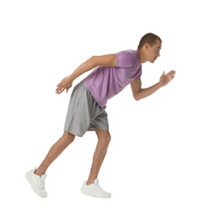 Man in sportswear running on white background