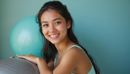 Naklejka premium Smiling young woman with fitness ball