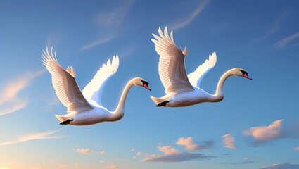 Fototapeta premium illustration of two whooper swans flying side by side in the blue sky during the evening.