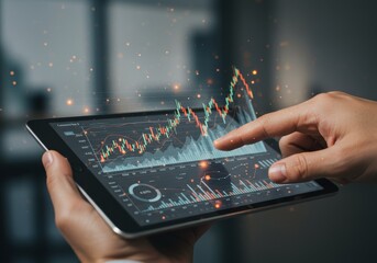 Digital Tablet Interface Showing Stock Chart Data and Business Progress