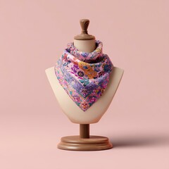 Obraz premium Bandana Mockup on Mannequin with Stylish Bandana Mockup Design Displaying Vibrant Patterns Floral scarf displayed on a mannequin bust.