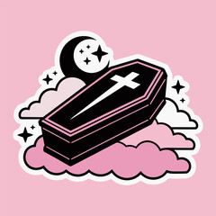 Gothic Coffin on Pink Clouds with Moon and Stars Illustration
