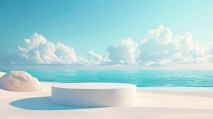 Simple white podium sits on the white sand beach, ocean and blue sky