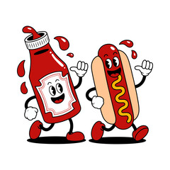 Funny Hot Dog and Ketchup Bottle Cartoon Illustration