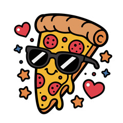 Cool Pizza Slice Cartoon with Sunglasses and Hearts