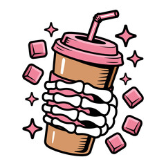 Skeleton Hand Holding Iced Coffee Cup with Pink Ice Cubes Illustration