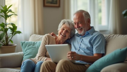 Joyful elderly couple sharing a moment with a tablet