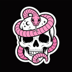 Pink Snake Wrapped Around Human Skull Illustration