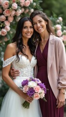 Joyful bride and her elegant mother share a heartfelt moment
