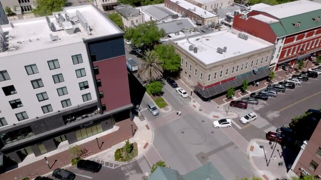 Gainesville, Florida traffic intersection downtown with drone video stable.