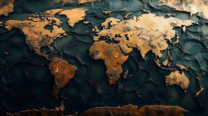 world map in which the areas of the seas and oceans appear burned,