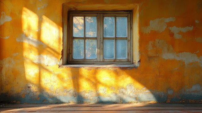 Aged wall with a window and sunlight filtering through, creating warm shadows