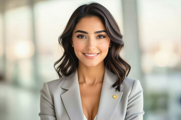 Obraz premium A smiling young woman with long, dark hair and professional attire looks directly at the camera in a bright, modern setting.