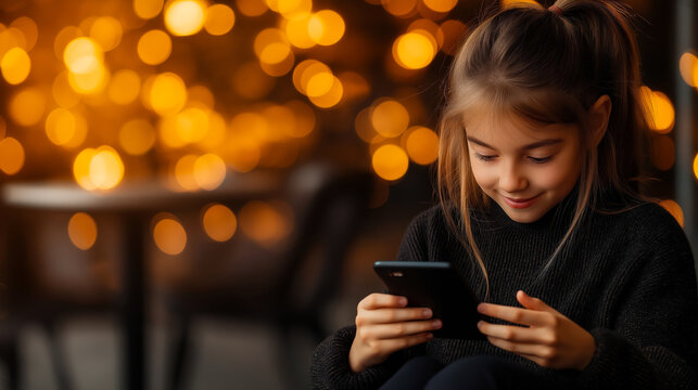 Smiling teen girl using smartphone at cozy cafe