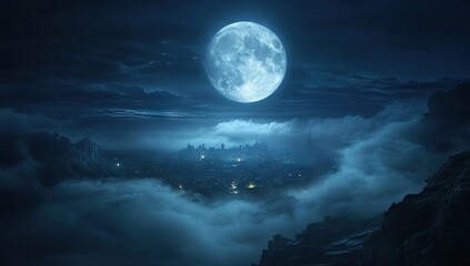 Fototapeta premium Misty city nestled in clouds under a large moon