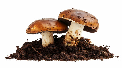 Wild brown mushrooms growing from moist earth, isolated.
