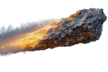 Fiery asteroid streaking isolated on transparent background