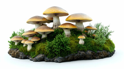 A dense cluster of wild forest mushrooms growing on soil, isolated on white background.