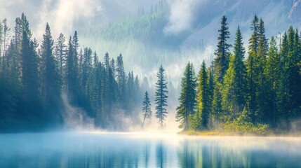 Misty morning over a serene lake surrounded by towering evergreen trees.