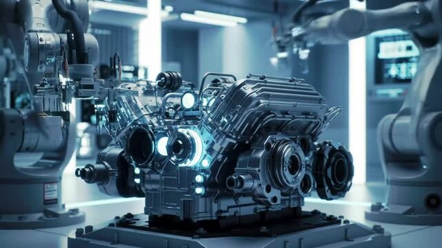 Futuristic engine parts assembling and disassembling
