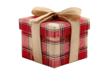 Plaid box with gold bow isolated on transparent background