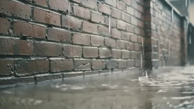 Rainy Cityscape Brick Wall With Water Reflections And Moody Atmosphere