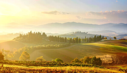 Impressive panorama Italian landscape, view with cypress trees, vineyards and farmer's fields. Tuscany, Italy
