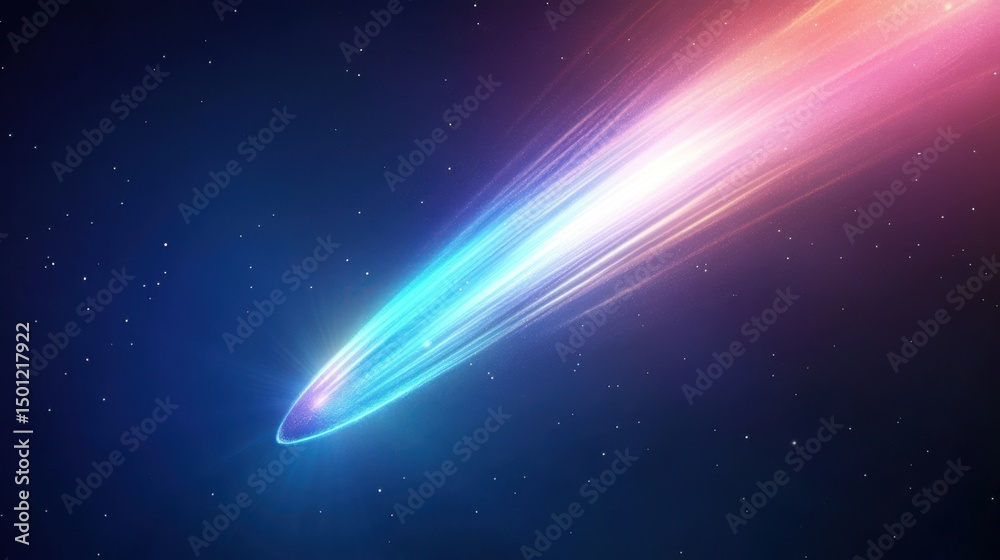 Poster Minimal abstract background with stylized comet moving diagonally on dark blue gradient, soft lighting and digital dust effect