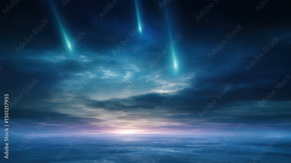 Fototapete Surreal comet abstract background with multiple neon comets flying over dark planet surface, glowing atmosphere, sci-fi concept