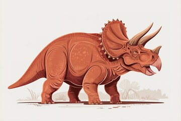 A formidable brown Triceratops is standing majestically on the ground with an open mouth on white