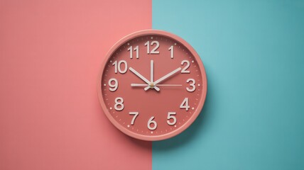 A stylish round clock with a pastel pink and blue background, creating a vibrant and modern aesthetic.