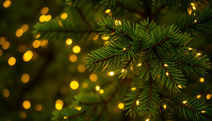 Close-Up of Christmas Tree Branches with Warm Bokeh Lights