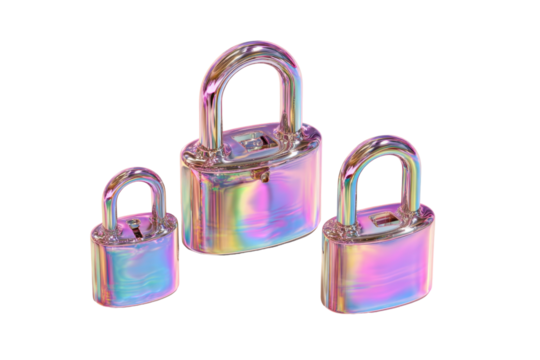 Iridescent padlocks trio isolated on transparent background