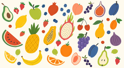 Set of various tropical fruits. Hand drawn colorful fruits and berries in doodle style. Banana, pineapple, peach, strawberry, raspberry, pear, pineapple, lemon, orange, dragon fruit, avocado, papaya