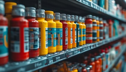 Bottled Products on a Shelf, Displaying Various Colors and Brands in Supermarket