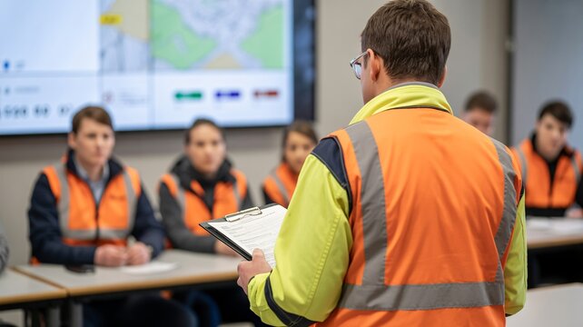 Male presenter leading a safety briefing with attentive participants in fluorescent vests.