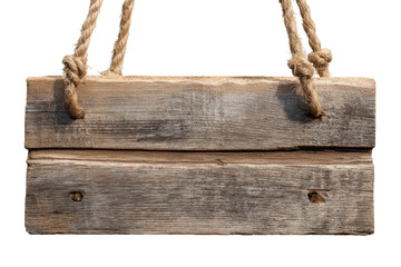 Rustic wooden sign hangs isolated on transparent background